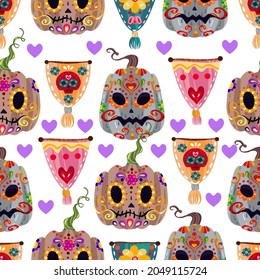 The day of the Dead. Mexican holiday. Die de los muertos. Vector illustration, festival, handmade, light background, seamless pattern