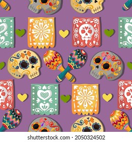 The day of the Dead. Mexican holiday. Die de los muertos. Vector illustration, festival, purple background, seamless pattern