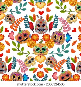 The day of the Dead. Mexican holiday. Die de los muertos. Vector illustration, festival, handmade, seamless pattern, light background