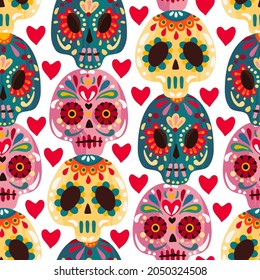 The day of the Dead. Mexican holiday. Die de los muertos. Vector illustration, festival, seamless pattern, light background