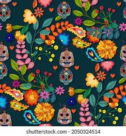 The day of the Dead. Mexican holiday. Die de los muertos. Vector illustration, festival, dark background, seamless pattern