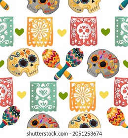 The day of the Dead. Mexican holiday. Die de los muertos, festival. Vector illustration, light background, seamless pattern