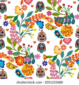 The day of the Dead. Mexican holiday. Die de los muertos. Vector illustration, festival, light background, seamless pattern