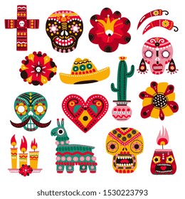 Day of dead. Mexican holiday elements, decorative skull mask, candle and flower. Sombrero, llama and cactus. Dia de muertos vector set