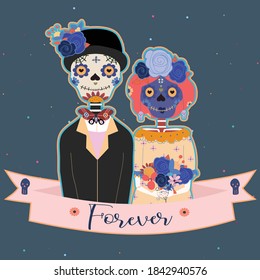 Day of the dead, Mexican holiday, f. Vector poster, banner and card with make up of sugar skull, woman and man.