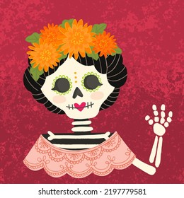 Tag der Toten, mexikanische Feiertage, Festival. Schädelweibchen aus Catrina mit Blumenkronen