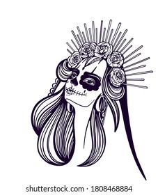 Day of the dead is a Mexican holiday. Girl with makeup - sugar skull with rose flowers. Lettering Dia de los muertos.