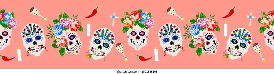 Day of the dead, Mexican holiday halloween party border banner design. Dia de los muertos seamless background