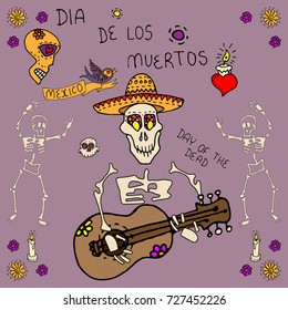 Day of the dead. Mexican holiday. Halloween concept. Skeleton playing guitar. Hand drawn vector stock illustration