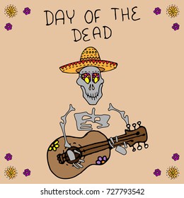 Day of the dead. Mexican holiday. Halloween concept. Skeleton playing guitar. Hand drawn vector stock illustration