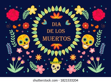 Day of the Dead Mexican holiday icons flat style. Dia de los muertos collection of objects, design elements with sugar skull, skeleton, flowers. Isolated on white background. Vector illustration