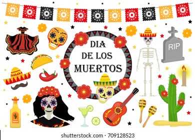 Day of the Dead Mexican holiday icons flat style. Dia de los muertos collection of objects, design elements with sugar skull, skeleton, grave. Isolated on white background. Vector illustration