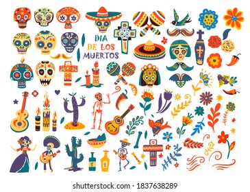 Tag des toten mexicanischen Urlaubs, isolierte Schädel und sombrero. Dia de los muertos Symbole und Symbole. Blumen und Musiker mit Akustikgitarre, Kaktus und Tequila-Flasche, Kreuz und Maracas-Vektorgrafik