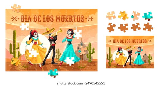 Day of the dead Mexican holiday jigsaw puzzle quiz game pieces. Dia de los muertos educational vector worksheet for preschool children with funny cartoon Catrina dancers and mariachi skeleton musician