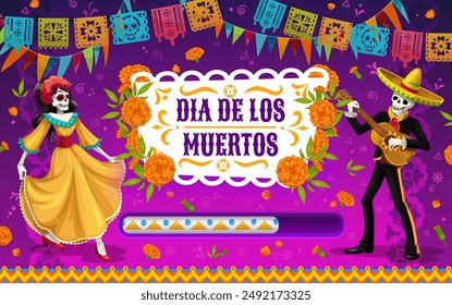 Día de los muertos Barra de carga de vacaciones mexicanas. Fondo de Vector de celebración del día de los muertos con escala, Catrina bailando, mariachi tocando guitarra, Anuncios de papel picado y flores de tagetes de marigolds