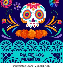 Día de la Muerte Festividad Mexicana papel picado banner cortado, vector Dia De Los Muertos. Calavera de caricatura de azúcar y flores de caléndula de altar de ofrenda con tarjeta de saludo de patrón floral de color brillante