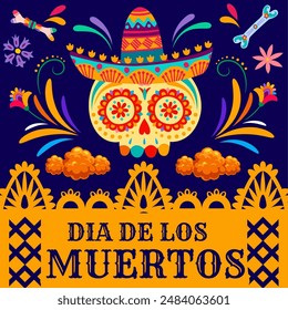 Day of the dead mexican holiday papel picado paper cut banner. Dia de los muertos vector square greeting card with sugar calavera skull in sombrero, bones, marigold flowers and tropical blossoms