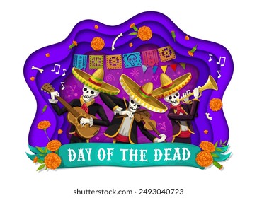 Day of the dead Mexican holiday paper cut banner with mariachi musicians and marigold flowers. Dia de los Muertos festive traditional vector papercut with skeleton artists, papel picado flags, tagetes