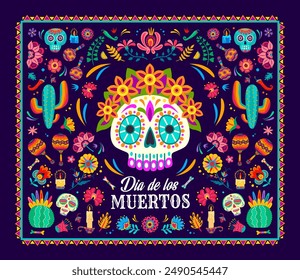 Day of the dead Mexican holiday poster. Dia de los muertos calavera skull in wreath, tropical flowers and candles, cacti and jalapeno peppers. Vector greeting card in traditional alebrije ethnic style