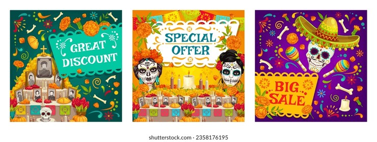 Día de la Muerte en la Venta de Vacaciones Mexicanas, oferta especial y banners de descuento. Afiches del Día de los Muertos con cráneo de azúcar vectorial y caracter de Catrina Calavera, sombrero, maracas, velas y flores