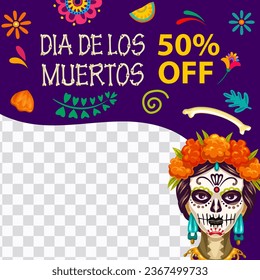 Day of the Dead mexican holiday sale banner template with Dia De Los Muertos Catrina Calavera cartoon character. Mexico Halloween discount offer vector web post, calavera skull with flowers and bones