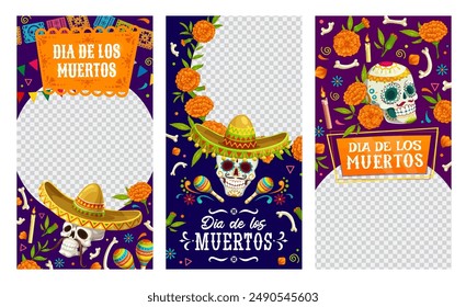 Day of Dead Mexican holiday social media templates for Dia de Los Muertos, vector frames. Sugar calavera skulls with marigold flowers and papel picado flags for Day of Dead in social media posts