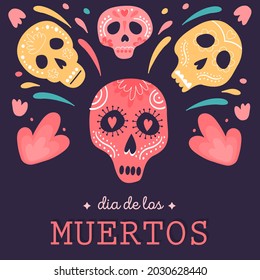 Day of dead Mexican holiday square card vector flat style illustration. Sugar skulls decorated by festive flowers and ornament for Dia de los Muertos. Traditional carnival postcard template.