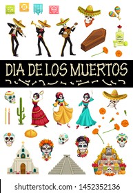 Tag der Toten mexikanischen Feiertage Symbole und Dia de los Muertos Partysymbole. Vector Dia de los Muertos fiesta skeletons in sombreros, tanzende calavera skulls, altar mit Ringelblumen und Maracas