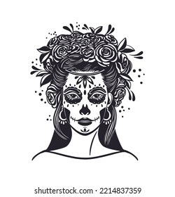 Day of the dead is a Mexican holiday. Woman with makeup - sugar skull with rose flowers. Lettering Dia de los muertos. Vector illustration