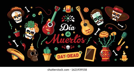 Day of dead mexican horizontal poster with national mexican signs and  title in spanish dia de muertos vector illustration 