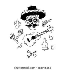 Day of the Dead. Mexican human skull with sombrero hat. Lino-cut. Flat design vector illustration.