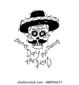 Day of the Dead. Mexican human skull with sombrero hat. Lino-cut. Flat design vector illustration.