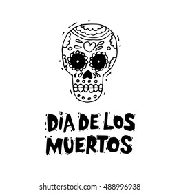 Day of the Dead. Mexican human skull. Lettering. Lino-cut. Flat design vector illustration.