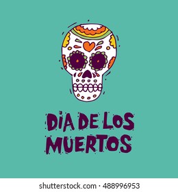 Day of the Dead. Mexican human skull. Lettering. Lino-cut. Flat design vector illustration.