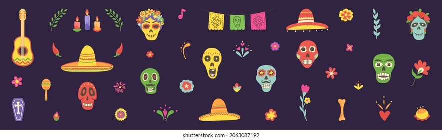 Day of the Dead mexican icons big set. Dia de los Muertos hand drawn design elements. Cinco de Mayo. Skull symbol. Death pattern. Mexico culture holiday poster. Embroidery banner. Vector illustration.