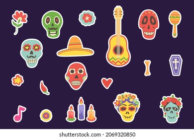 Day of the Dead mexican icons big set. Dia de los Muertos hand drawn stickers. Cinco de Mayo. Skull symbol. Death pattern. Mexico culture holiday poster. Embroidery banner. Vector illustration.