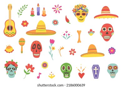 Day of the Dead mexican icons big set. Skull symbol. Dia de los Muertos hand drawn design elements. Cinco de Mayo. Death pattern. Mexico culture holiday poster. Embroidery banner. Vector illustration.