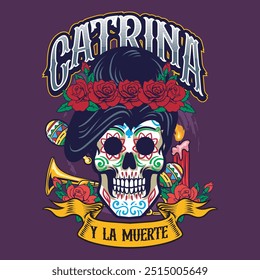 Día de los Muertos Mexican Lady Catrina Skulls Festiva Vector dibujado a mano ilustración de dibujos animados para pegatina, insignia, parche, Anuncio, tarjeta de felicitación, invitación