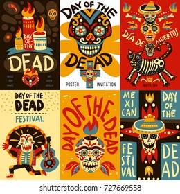 Day of dead mexican national festival symbols emblems 6 colorful banners set with skulls isolated vector illustration 