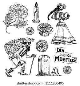 Day of the dead. Mexican national holiday with the original inscription in Spanish Dia de los Muertos. Skeletons with flowers in costumes with barrel of tequila, playing, dancing to the music