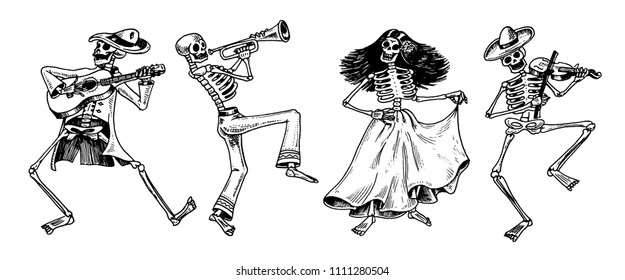 Day of the dead. Mexican national holiday. Original inscription in Spanish Dia de los Muertos. Skeletons in costumes dance, play the violin, trumpet and guitar. Hand drawn engraved sketch.