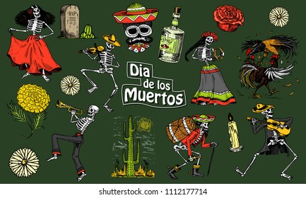 Day of the dead. Mexican national holiday. Original inscription in Spanish Dia de los Muertos. Skeletons in costumes dance, play the violin, trumpet and guitar. Hand drawn engraved sketch.