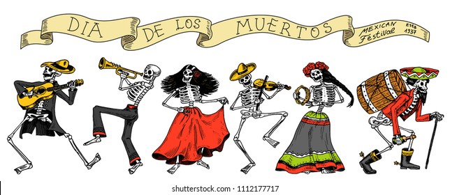 Day of the dead. Mexican national holiday. Original inscription in Spanish Dia de los Muertos. Skeletons in costumes dance, play the violin, trumpet and guitar. Hand drawn engraved sketch.