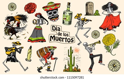Day the dead  Mexican national holiday  Original inscription in Spanish Dia de los Muertos  Skeletons in costumes dance  play the violin  trumpet   guitar  Hand drawn engraved sketch 