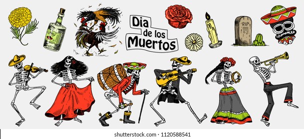 Day the dead  Mexican national holiday  Original inscription in Spanish Dia de los Muertos  Skeletons in costumes dance  play the violin  trumpet   guitar  Hand drawn engraved sketch 