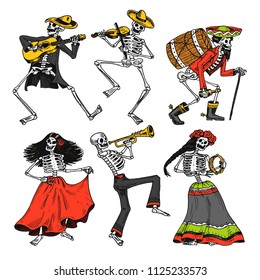 Day of the dead. Mexican national holiday. Original inscription in Spanish Dia de los Muertos. Skeletons in costumes dance, play the violin, trumpet and guitar. Hand drawn engraved sketch.