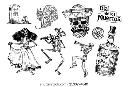 Day of the dead. Mexican national holiday. Original inscription in Spanish Dia de los Muertos. Skeletons in costumes dance, play the violin, trumpet and guitar. Hand drawn engraved sketch.