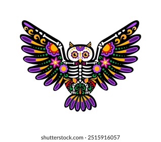 Day of the dead Mexican owl bird animal skeleton tattoo. Vector vibrant owl sugar skull with outstretched wings, intricate patterns and vivid colors symbolizing remembrance and cycle of life and death