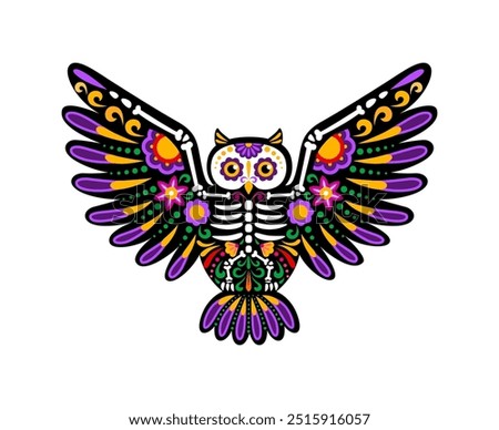 Day of the dead Mexican owl bird animal skeleton tattoo. Vector vibrant owl sugar skull with outstretched wings, intricate patterns and vivid colors symbolizing remembrance and cycle of life and death