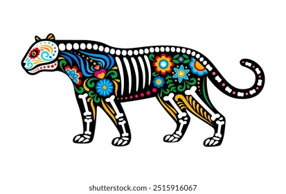 Day of the dead Mexican puma animal skeleton tattoo decorated in traditional Muertos style with colorful floral patterns and skeletal elements, captures Mexican culture, nature, celebration, heritage